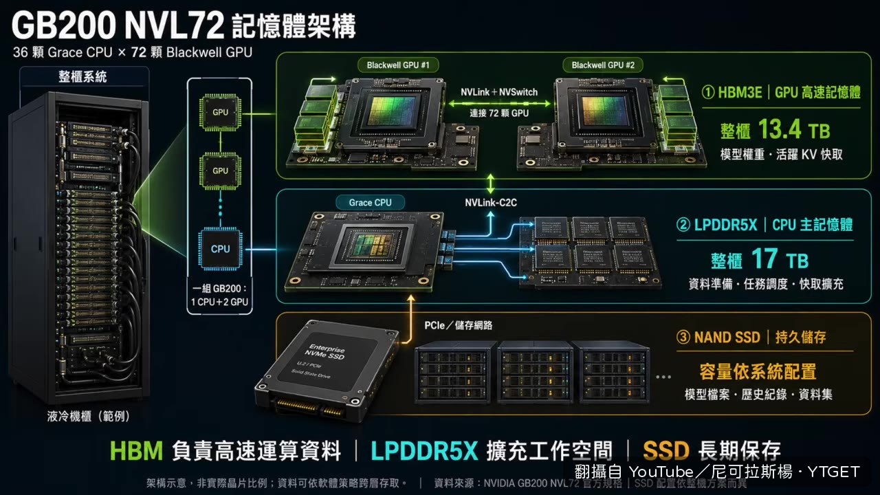 Blackwell NVL72三層記憶體架構圖