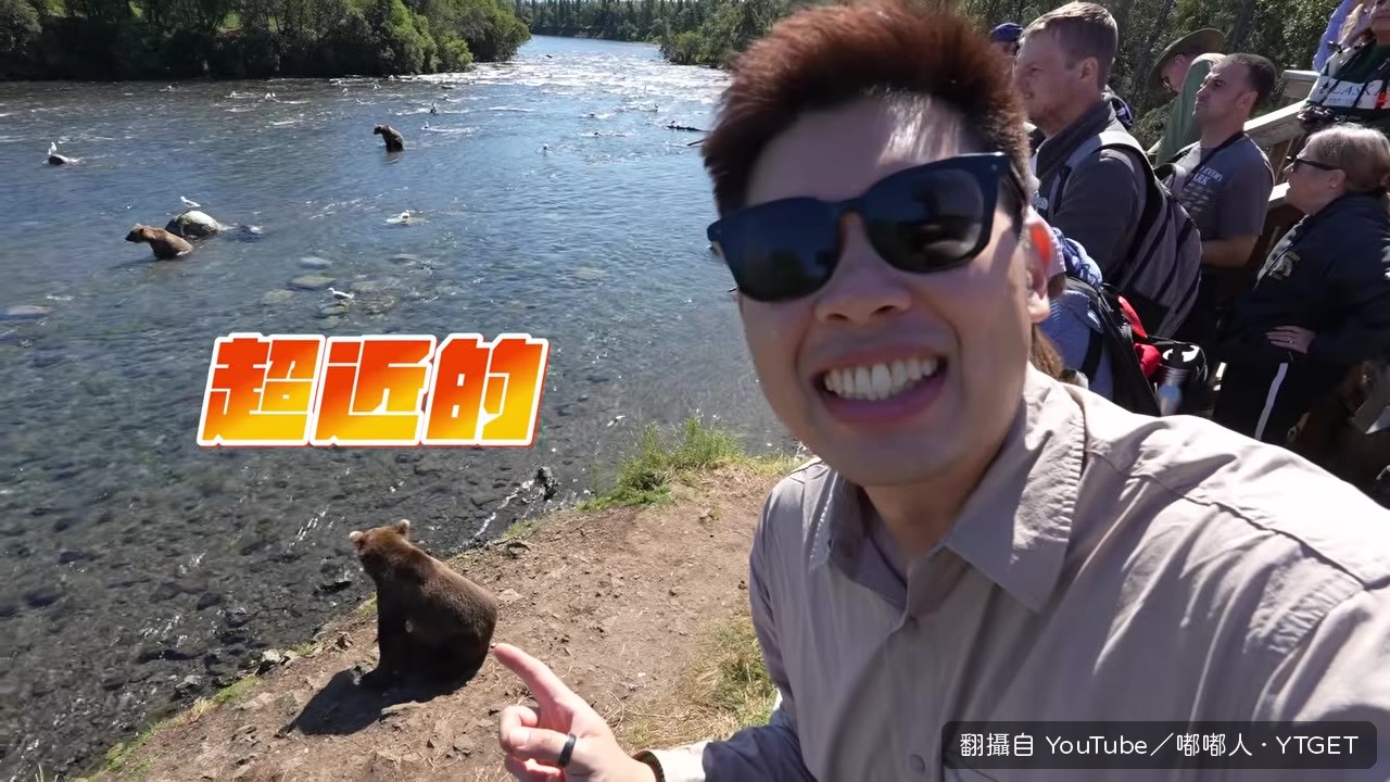 棕熊在瀑布邊抓鮭魚