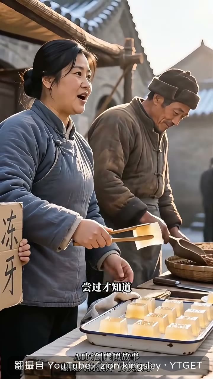 桂花端著魚鱗凍請路人試吃