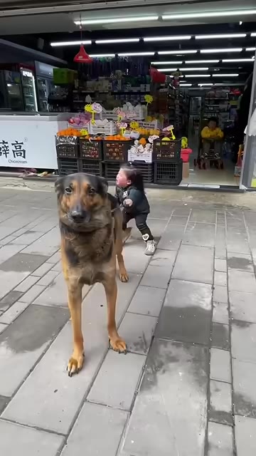 小女孩拉著德牧進超市