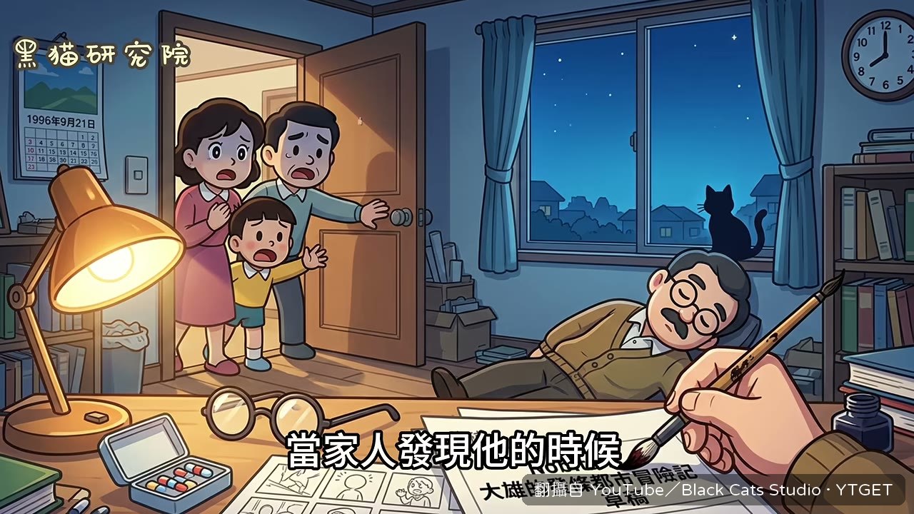 藤本弘倒在畫桌前握著畫筆