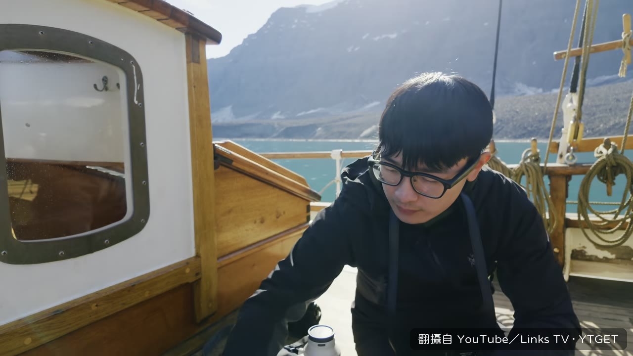 北極熊母子在峽灣裡游泳