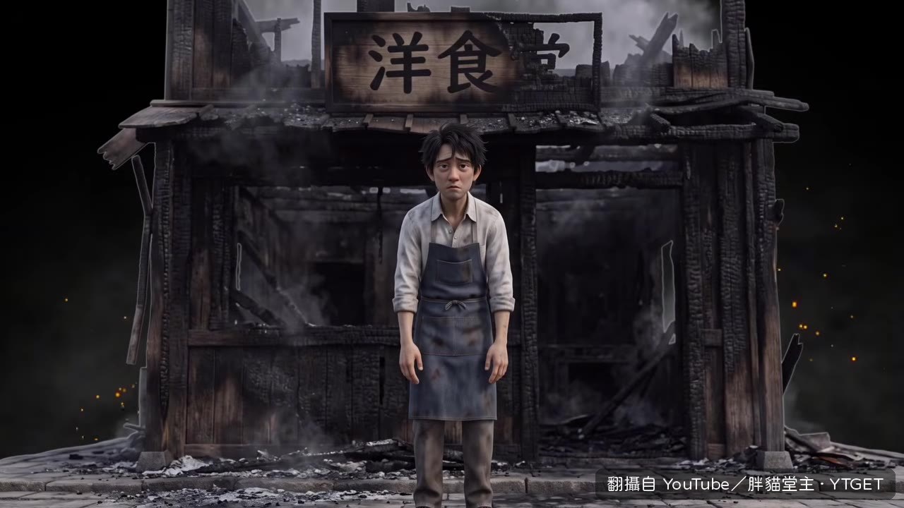 22歲的正垣泰彥看著燒光的店面